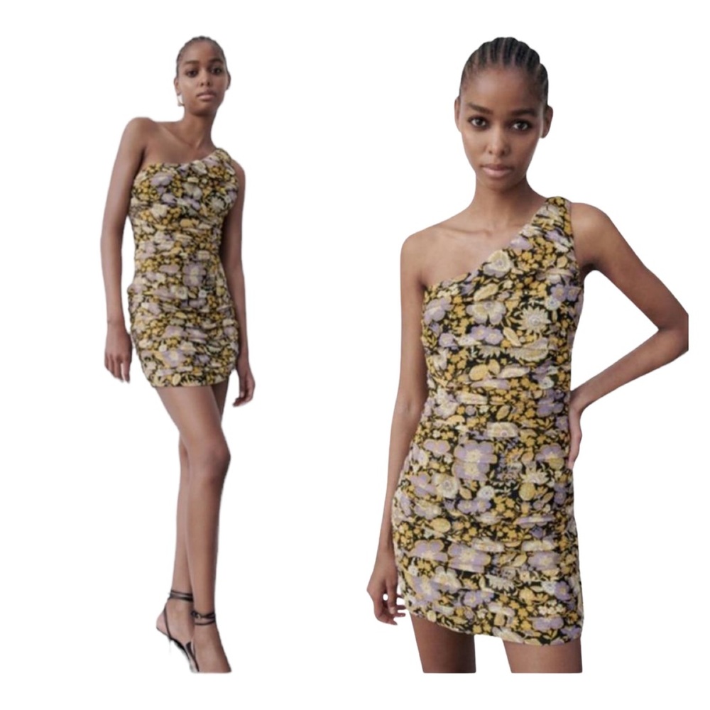 NWT ZARA Ruched Floral One Shoulder Bodycon Mini Dress Medium Blogger Favorite